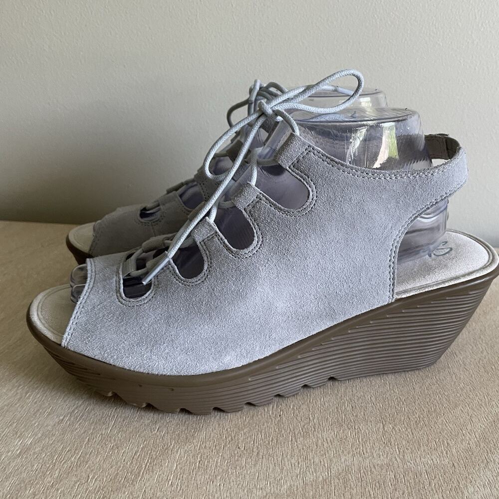 Wedge Lace-Up Suede Sandals - Light Gray